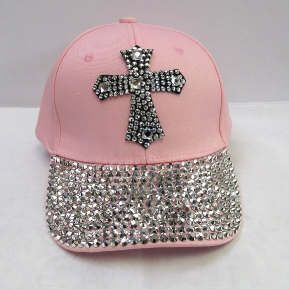 Women's Pink Bling Sparkle Rhinestone Baseball Hat Cap With Cross Design New - Picture 1 of 6